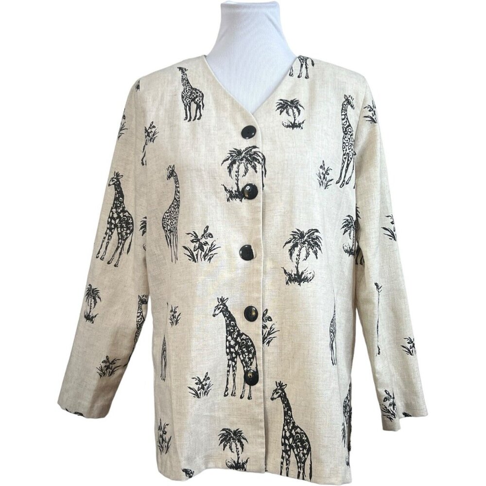Cattrell Vintage Giraffe Flax Blend Button Up‎ Light Jacket Summer Cardigan PM